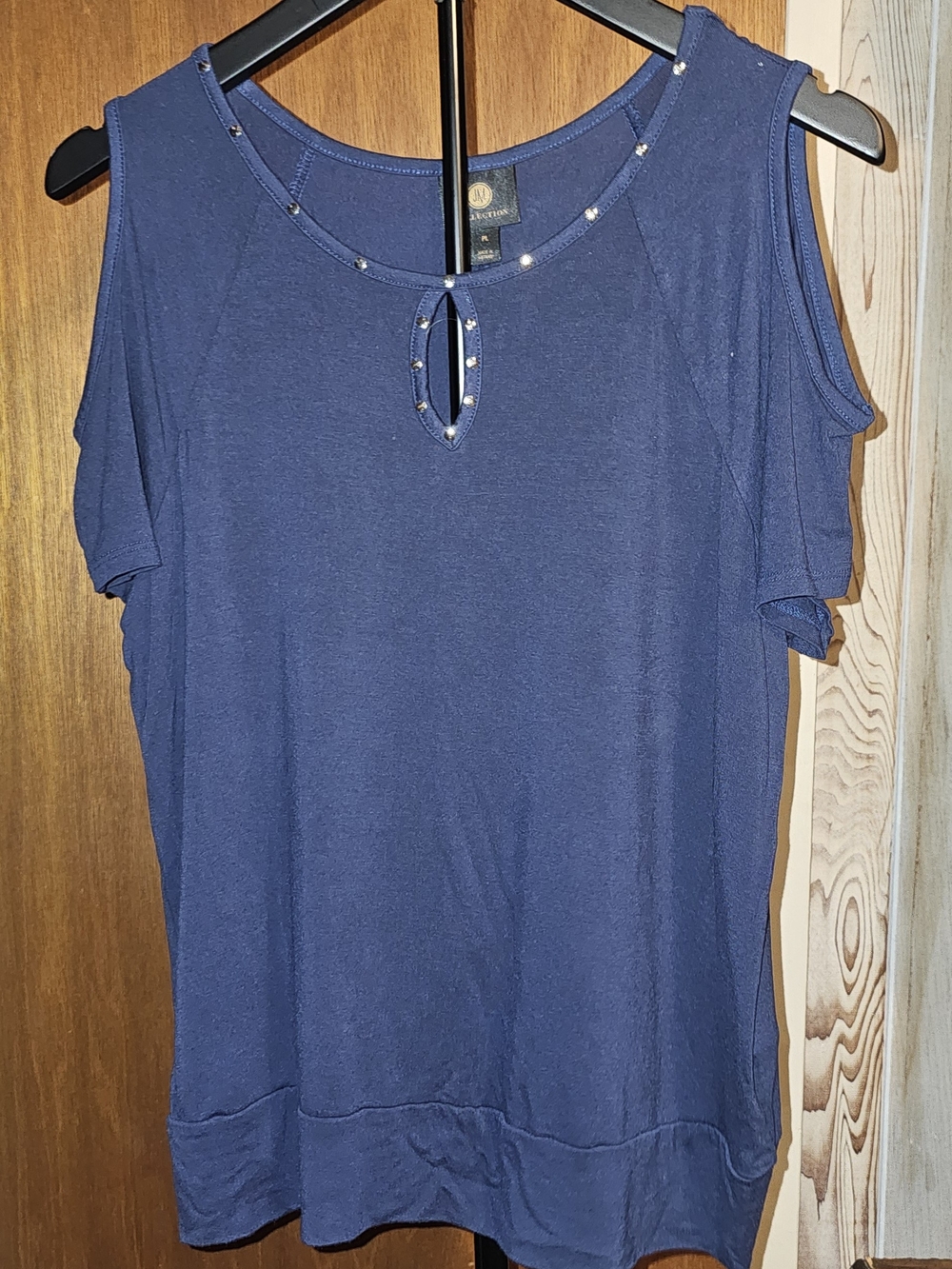JM Collection Navy Blue Cold-Shoulder Stud Trim Petite Top